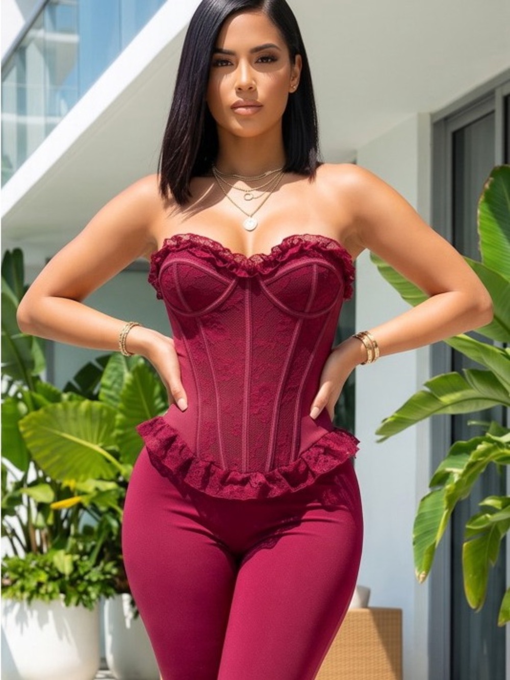 Strapless Burgundy Lace Corset Top T-47673-2CLR